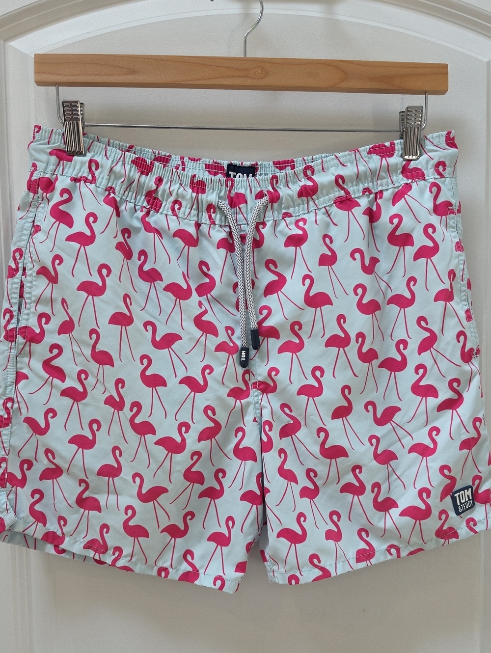Tom & Teddy Men's Light Blue Swim Trunks with Pink Flamingo Print